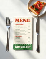 A restaurant menu mockup with a slice of pizza and silverware psd