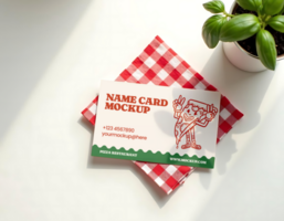 A pizza themed name card mockup rests on a red and white checkered napkin psd