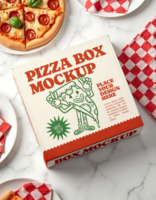 A pizza box mockup featuring a cartoon pizza character and instructions to place your design psd