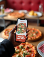 A hand holds a phone displaying a pizza advertisement while surrounded by delicious pizzas psd