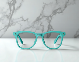 A pair of teal eyeglasses rests on a white surface psd