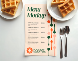 A menu mockup with waffles cutlery and place settings psd