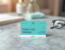 A teal name card mockup rests on a marble surface next to a pair of eyeglasses psd