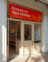 A restaurant sign mockup is displayed in front of a building psd