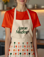 A woman models a beige apron with the words Apron Mockup and a colorful spoon pattern psd