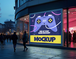 A large illuminated storefront sign advertises an end of year game discount psd