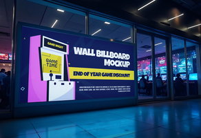 A wall billboard mockup advertises end of year game discounts with a retro arcade game graphic psd