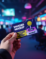 A hand holds a game voucher mockup advertising an end of year discount in a brightly lit arcade psd