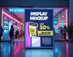 A vibrant storefront display advertises an end of year game discount of up to 50 psd