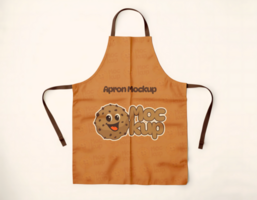 A tan apron mockup featuring a smiling chocolate chip cookie psd