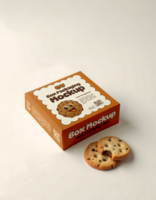 A box packaging mockup featuring a smiling chocolate chip cookie sits next to two delicious chocolate chip cookies psd