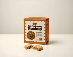 A box packaging mockup featuring a smiling chocolate chip cookie and two broken cookies in front psd
