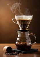 Freshly Brewed Coffee with Steam Rising and Beans Nearby photo