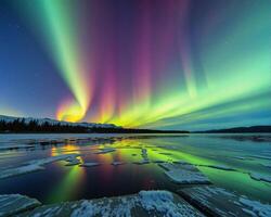 Mesmerizing Aurora Borealis Over Frozen Lake with Reflections photo