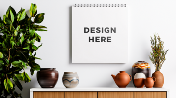 Wall calendar mockup above cabinet with pottery for design placement psd