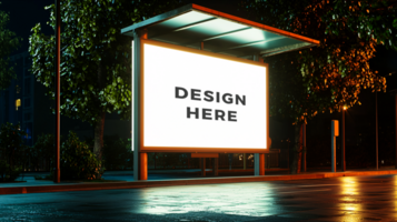 Digital billboard mockup in bus stop illuminated at night for design placement psd