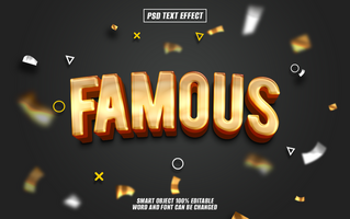 Gold 3D text effect Famous on dark background with confetti. psd