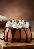 Delicious Chocolate Cake with Cream and Coffee Garnish photo