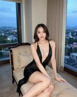 Elegant Woman in Black Dress Posing by City View Window photo