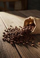Coffee Beans Spilled from Burlap Sack on Rustic Wooden Table photo