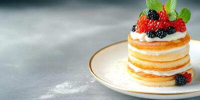 Stacking golden pancakes with honey, topped with fresh raspberries and blackberry, with copy space photo