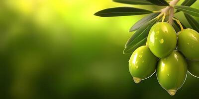 Fresh green olives hanging from branch, glistening with oil drops, close up photo