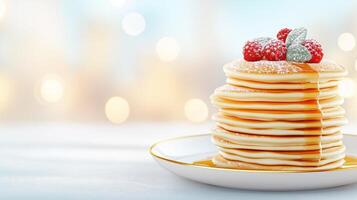 Stacking pancakes with honey, topped with fresh raspberries and powdered sugar, copy space photo