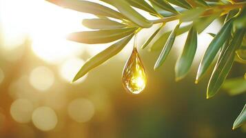 Clear drop of olive oil hangs on branch, with copy space photo