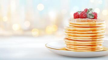Tasty golden pancakes with honey, topped with fresh raspberries and powdered sugar, copy space photo