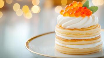 Stack of small golden pancakes on white plate, topped with red caviar, with copy space photo