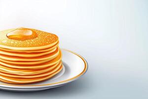 Stack of pancakes presented on white porcelain plate, topped with syrup or honey, with copy space photo