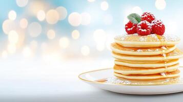 Stacking golden pancakes with honey, topped with fresh raspberries and powdered sugar, copy space photo