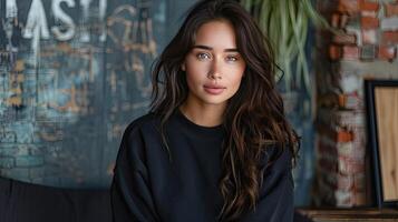 A woman in a black sweater sitting on a couch photo