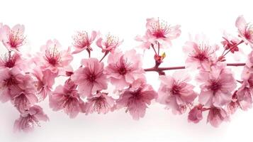 A branch of pink flowers is shown on a white background photo