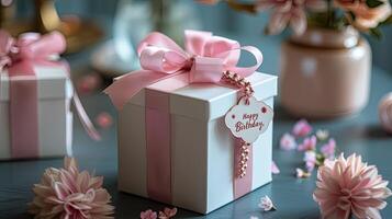 A gift box with pink ribbon and a pink bow photo
