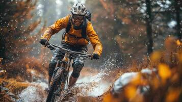A man riding a mountain bike through the woods photo
