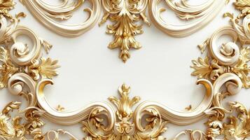 Golden frame with ornate design on white wall photo
