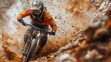 A man riding a mountain bike through a muddy area photo