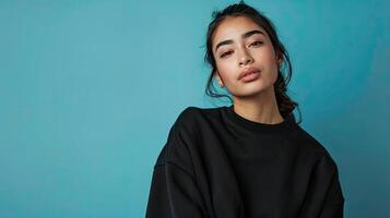 A woman in a black sweatshirt posing against a blue background photo