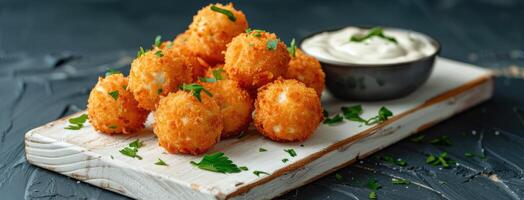 A tray of fried cheese balls with dipping sauce photo