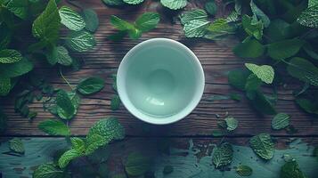 A bowl of water surrounded by green leaves photo