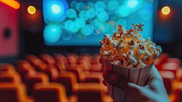 A person holding popcorn in front of a movie theater photo