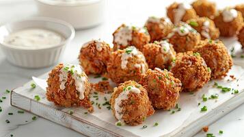 A tray of fried chicken bites with dipping sauce photo
