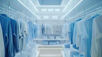 A walk - in closet with blue shirts and clothes photo