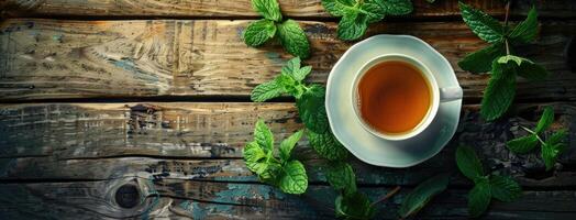 A cup of tea with mint leaves on a wooden background photo
