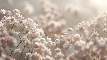 Pearls are in the foreground of a field of flowers photo