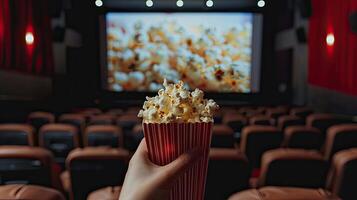 A person holding a popcorn bucket in front of a movie theater photo