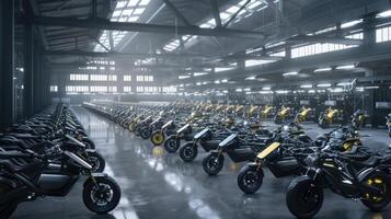 A large room with many motorcycles parked inside photo