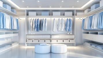 A walk - in closet with white and blue clothing photo