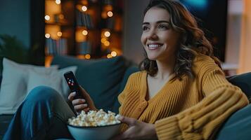 A woman is sitting on a couch with a remote control and a bowl of popcorn photo